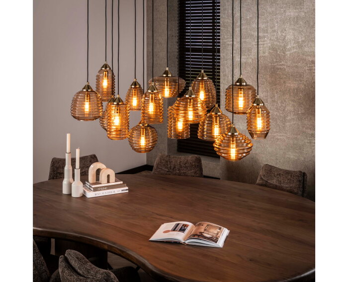 Hanglamp Rib Glass 15-lichts &ndash; Amber glas &ndash; Moderne designlamp met ribbelstructuur - 155x60x155 cm