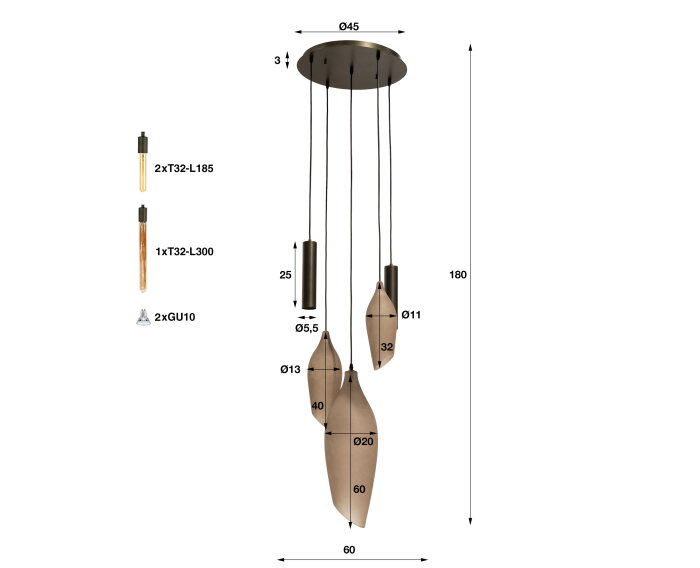 Hanglamp Cocoon pendel getrapt 5L - Sienna bruin-frosted