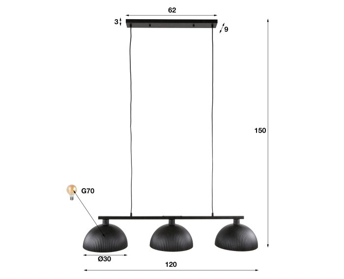 Hanglamp 3L halfronde kap-ribbel - Artic zwart