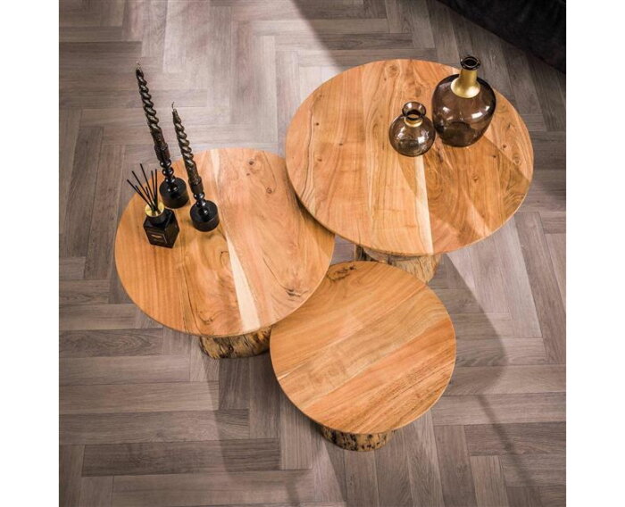 Salontafel set/3 boomstam voet - Massief acacia naturel