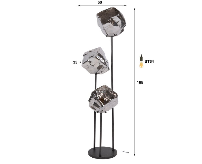 Vloerlamp Rock getrapt 3L - Chroom glas