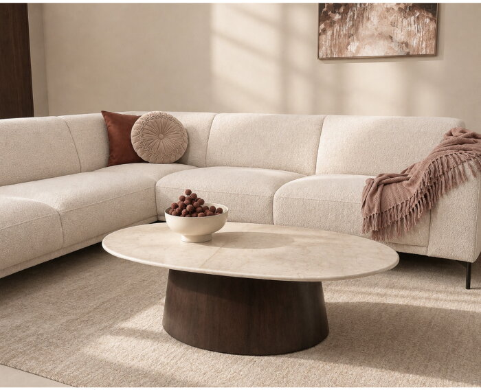 Salontafel Bottecino Ovaal marmer 120x65x36 cm - cr&egrave;me wit