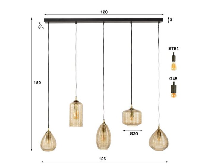 Hanglamp 5L Stripe Glass Horizontal - Smoke Brown