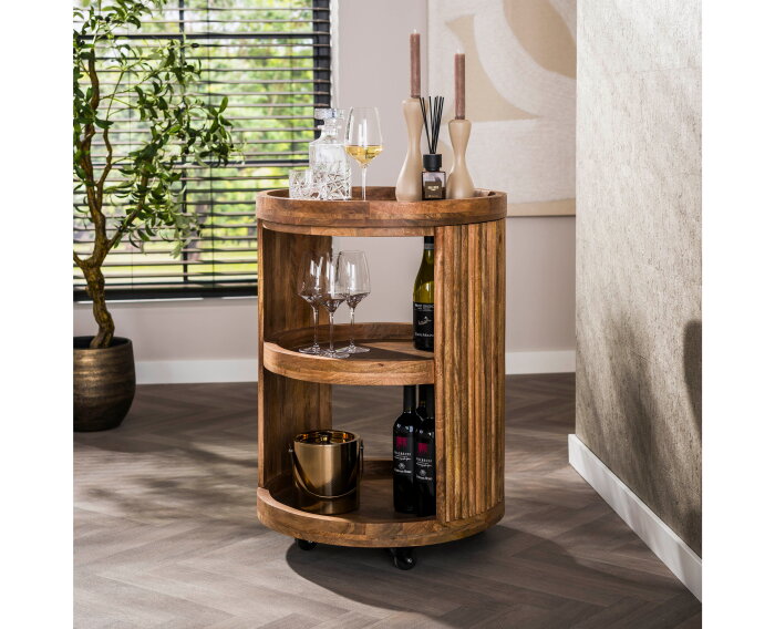 Wijntrolley Wave &ndash; Rond Mangohout Zandkleur - afneembaar dienblad - Wielen &ndash; 55x79 cm