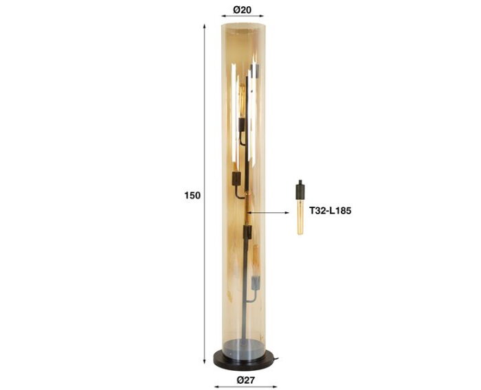 Vloerlamp 5L tube amber glas - Artic zwart