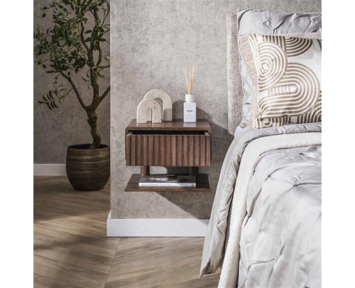 Nachtkastje 1L shelve Carve - Massief acacia drift brown