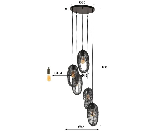 Hanglamp 5L open oog wire - Artic zwart