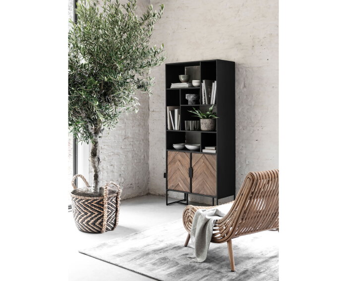 Bookcase Criss Cross, 2 doors, 7 open racks,185x80x40 cm, mixed wood