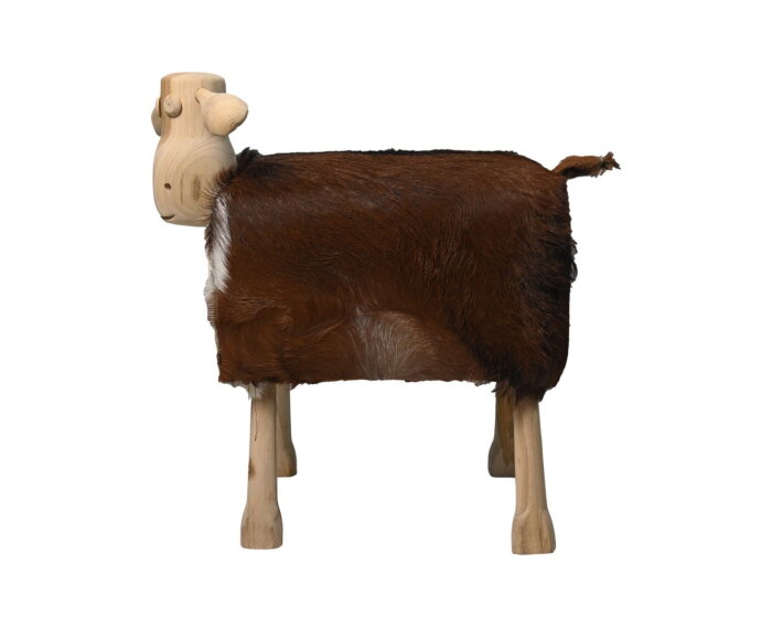 Schaap Shawn groot - 58x34x62 - Wit/bruin/naturel - Teak/geitenhuid