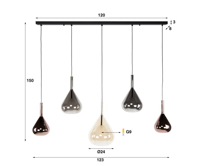 Hanglamp 5L mix glass Wings - Zwart