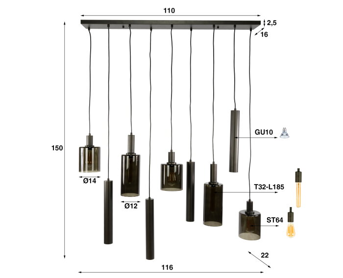 Hanglamp Sepiora 9 lampen - Sienna bruin - Hotel Chique - 116x22x150 cm - leeslamp