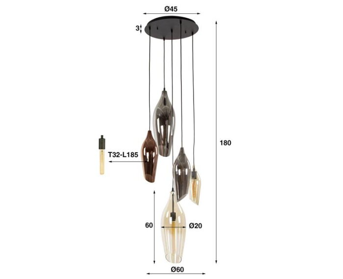 Hanglamp 5L getrapt cocoon mix glass - Zwart