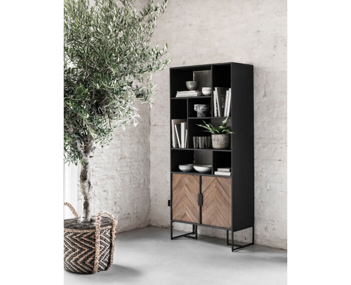 Bookcase Criss Cross, 2 doors, 7 open racks,185x80x40 cm, mixed wood