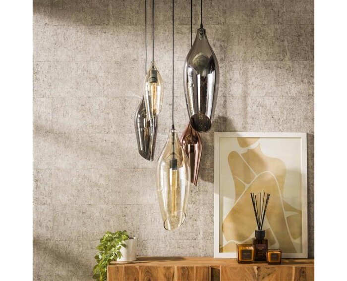 Hanglamp 5L getrapt cocoon mix glass - Zwart