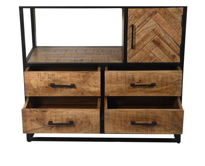 HSM Collection-Wandkast Verona 4 Deur 4 La-100x40x200-Naturel/Zwart-Mango/Metaal