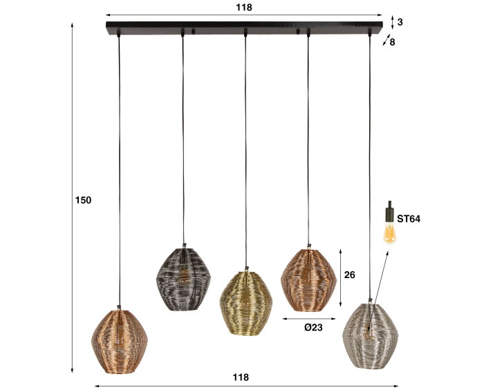 Hanglamp web mix 5 lampen - Mat nikkel mix color
