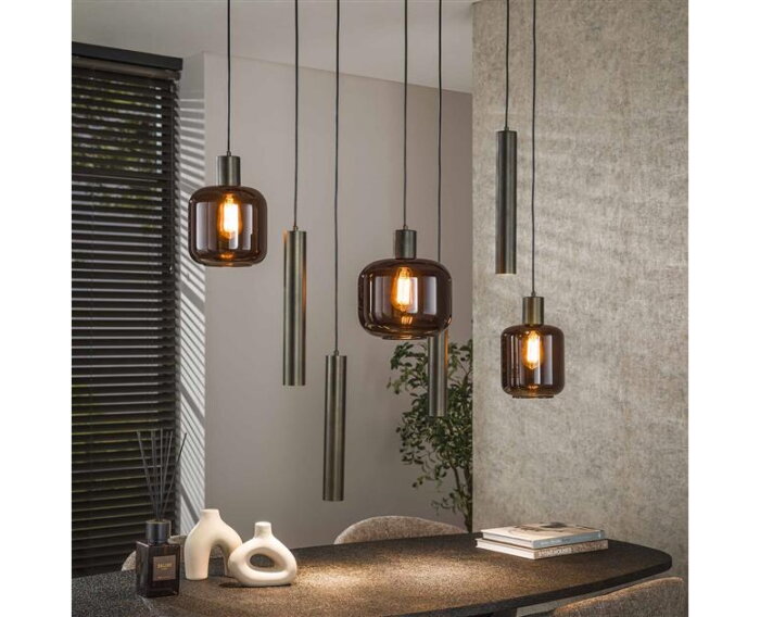 Hanglamp 4+3 metal and glass mix Bronza - Sienna brown