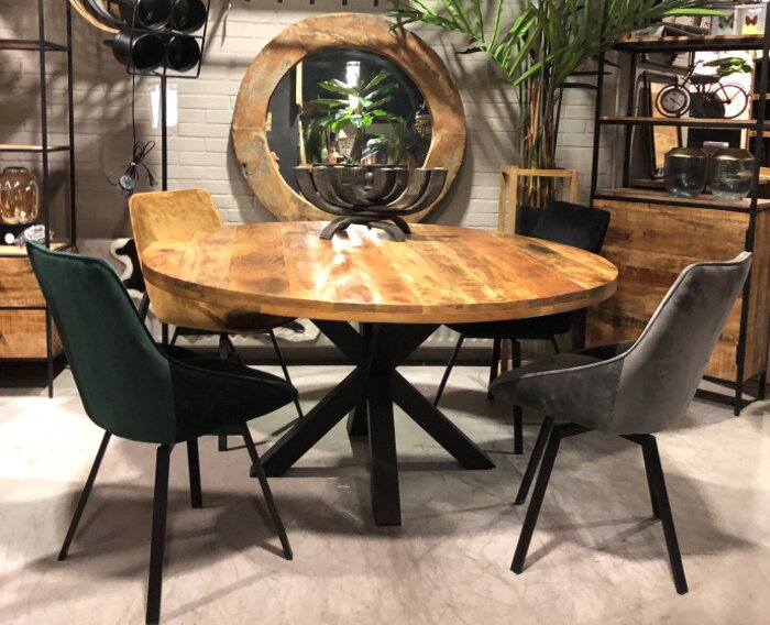 Ronde eettafel mangohout metalen matrixpoot? &euro; 449 | Meubelplaats.nl