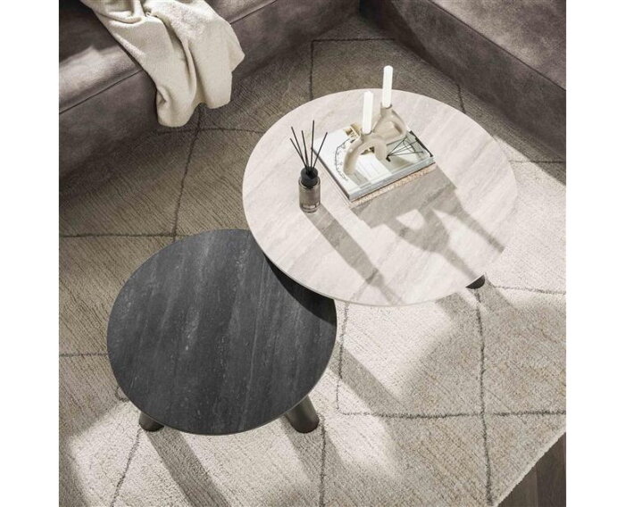 Salontafel set/2 rond Twin - 3D ceramic mix travertine