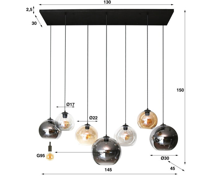 Hanglamp multi globe XL 7 lampen - Artic zwart