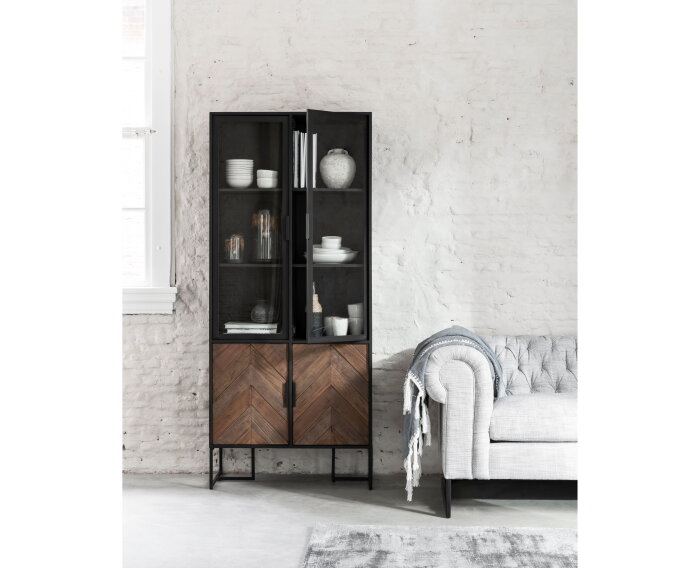 Showcase Criss Cross, 2 glass/metal doors, 2 wooden doors,185x80x40 cm, mixed wood