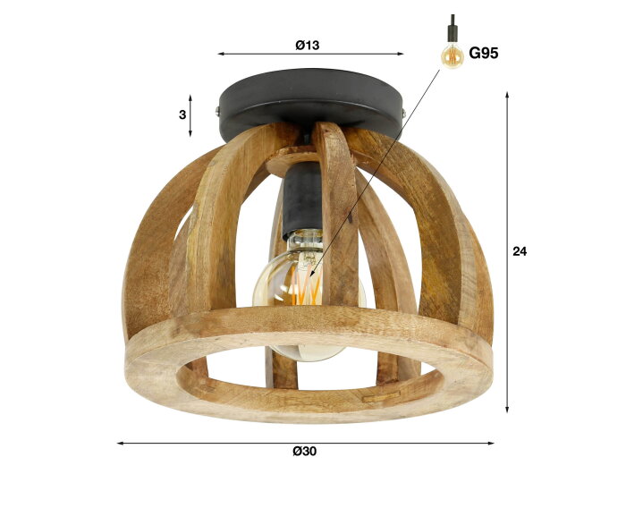 Plafondlamp Gebogen houten spijl mangohout - naturel