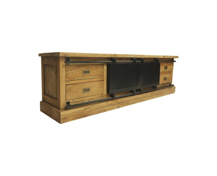 TV meubel Blackburn - 200x42x57 - Naturel/zwart - Reclaimed teak/metaal