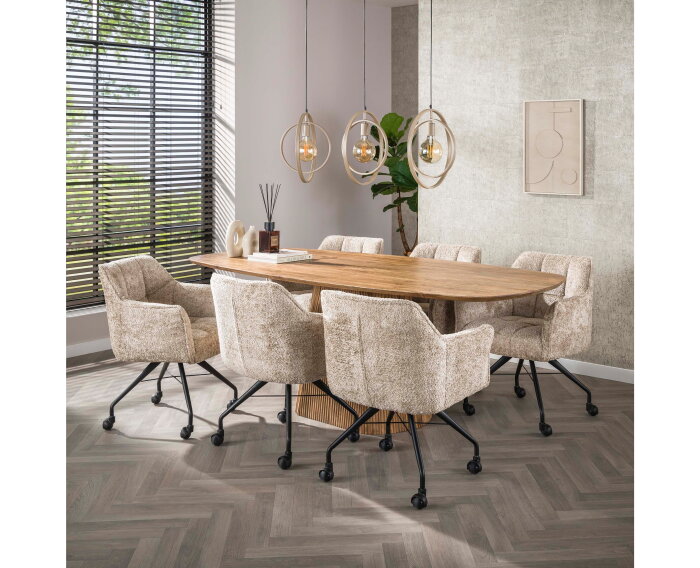 Eettafel Wave Deens ovaal Centrale poot mangohout 215x105 cm - Zandkleur