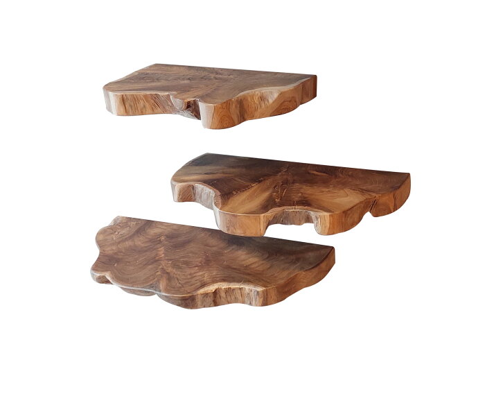 Wandplank teakhout set van 3 &ndash; Massief teakhout &ndash; liver edge &ndash; Houten wandplanken &ndash; Naturel &ndash; Landelijk &ndash; 35/45/55 cm