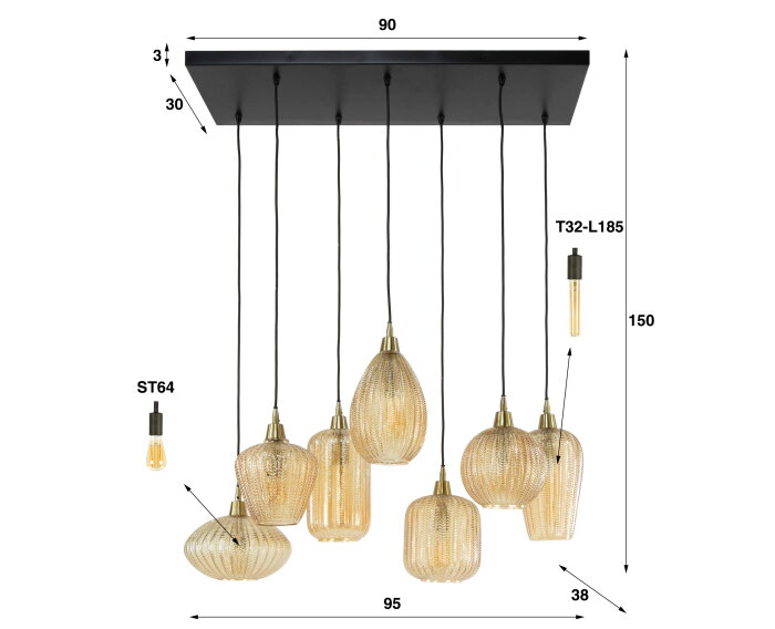 Hanglamp Mumbai Mix 7 lampen Glas - Amberkleurig
