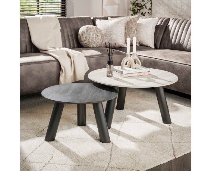 Salontafel set/2 rond Twin - 3D ceramic mix travertine