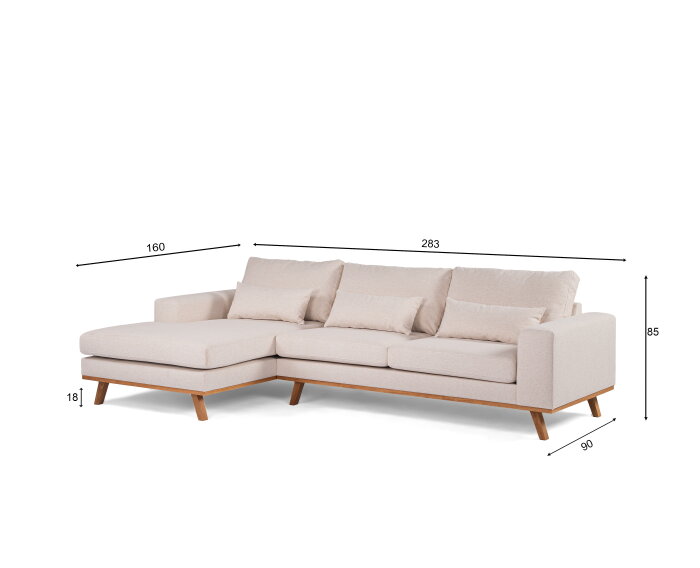 Hoekbank Elora Chaise Longue Links – Beige Stof – Houten Poten – 283 x 160 cm - By-Olaf