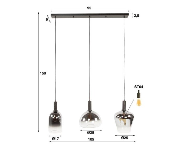 Hanglamp 3L mix grey shaded - Artic zwart