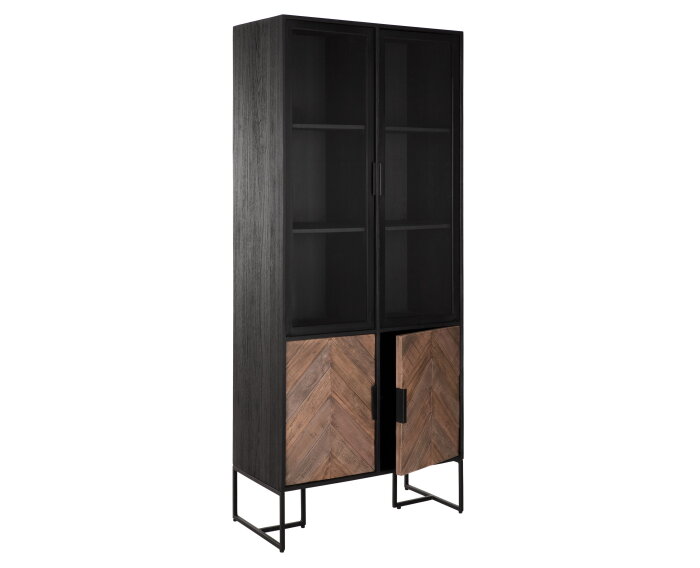 Showcase Criss Cross, 2 glass/metal doors, 2 wooden doors,185x80x40 cm, mixed wood