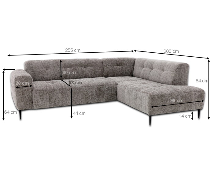 Hoekbank Viano rechts stof Bella 15 Donkergrijs gem&ecirc;leerd - 255x200x84 cm - modern
