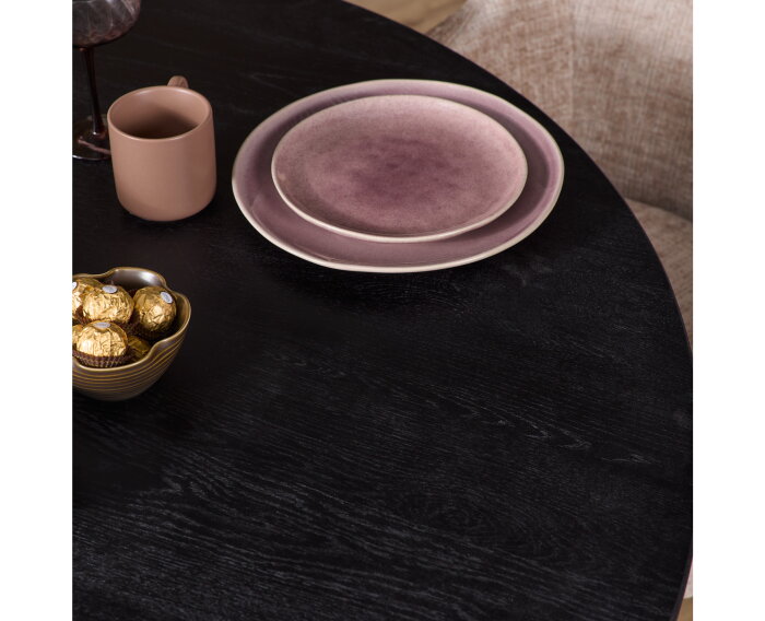 Eiken eettafel Ferris rond &Oslash;110 cm &ndash; Massief Europees eiken - metalen kruispoot - Zwart