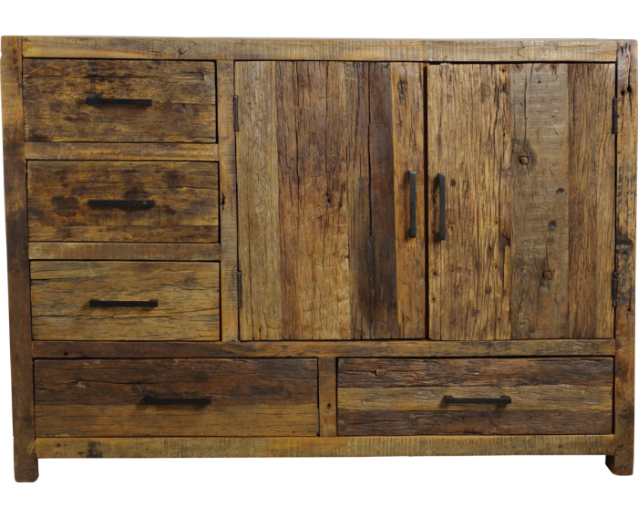 Dressoir Brent gerecycled hout naturel - 120 x 40 x 85 cm - 2 deuren en 5 lades