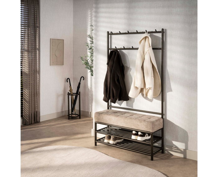 Garderobebank Luno met zitkussen - kapstok - schoenenrek - garderobemeubel &ndash; Drift brown - 11-haaks&ndash; 100x36x183 cm
