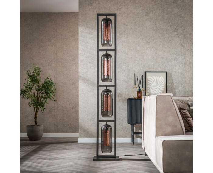 Vloerlamp 4L tower smoke glas-geperforeerd staal - Artic zwart
