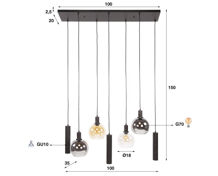 Hanglamp 4+3L Sfera tricolore - Artic zwart