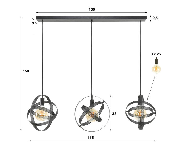 Hanglamp Cosmos mesh 3-Lichts - Artic zwart