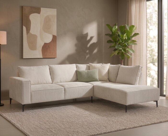 Hoekbank Valenzo Licht Beige - Memphis 4 &ndash; Ottomane Rechts &ndash; 265x210 cm