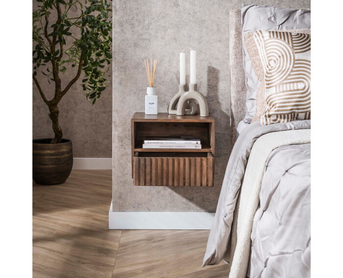 Nachtkastje 1L open vak Carve - Massief acacia drift brown