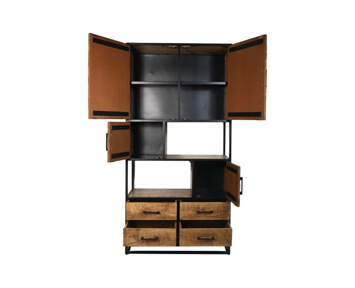 HSM Collection-Wandkast Verona 4 Deur 4 La-100x40x200-Naturel/Zwart-Mango/Metaal