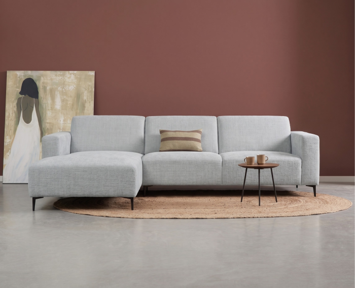 Meubelplaats Hoekbank Nolan met Chaise Longue Links &ndash; Cremona Stof - Lichtgrijs - 275x150x84 cm