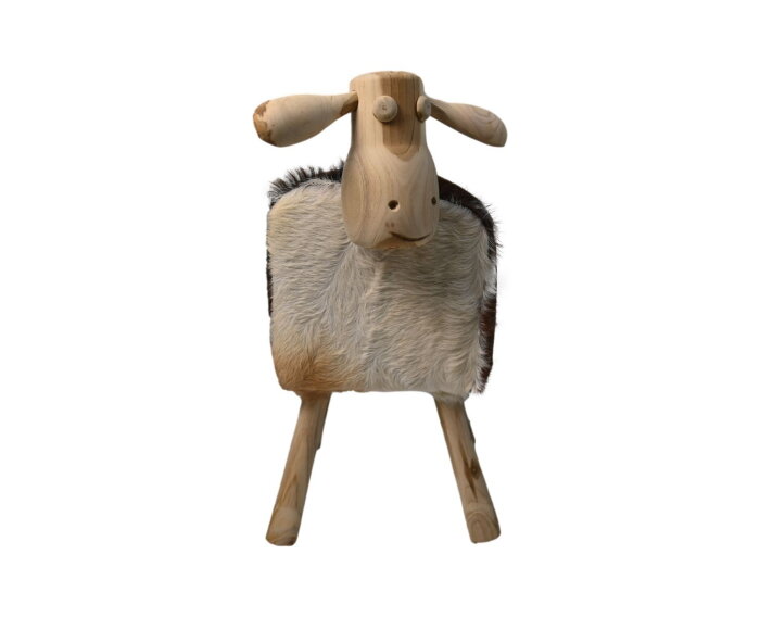 Schaap Shawn groot - 58x34x62 - Wit/bruin/naturel - Teak/geitenhuid