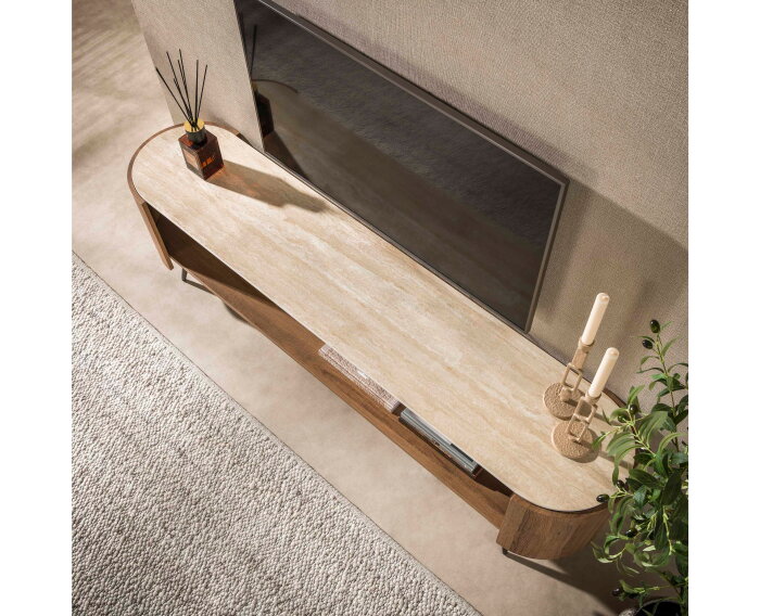 TV meubel Arcus 180x40x49 cm - Travertin keramiek - Japandi
