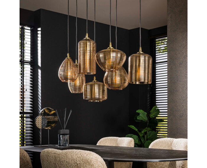 Hanglamp van 7 Lampen met Gestreept Glas Horizontaal - Amberkleurig glas