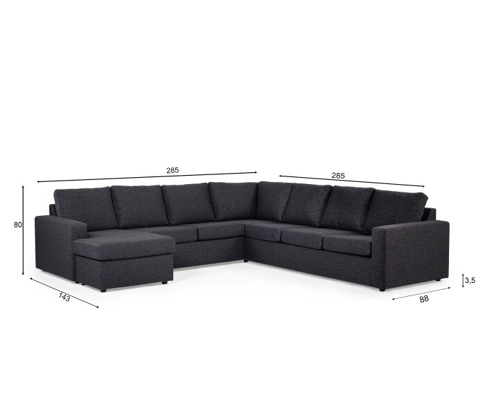 U-bank Westminster 6-zits Antraciet – Hoek Links/Rechts – Stof Dortmund 1115 – 285x285 cm