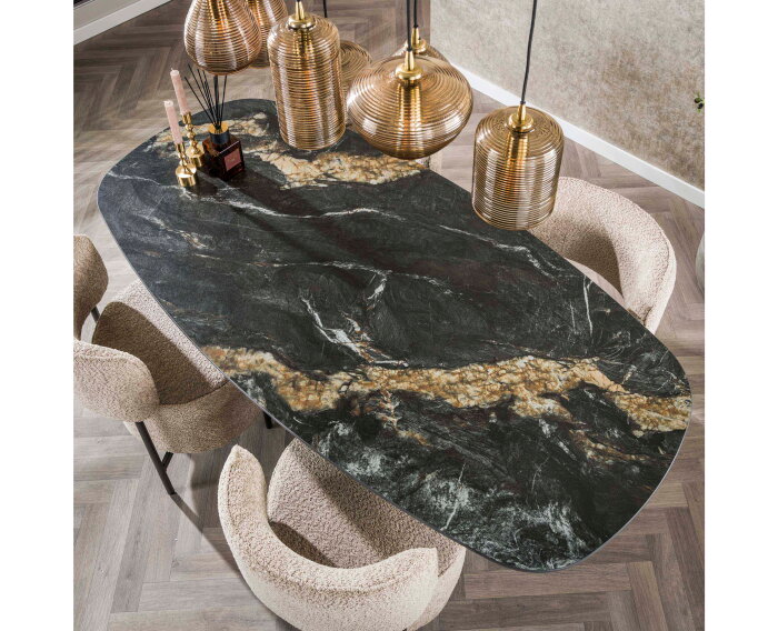 Eettafel Fossil deens ovaal keramiek 180x90x76 cm - zwart - marmer look